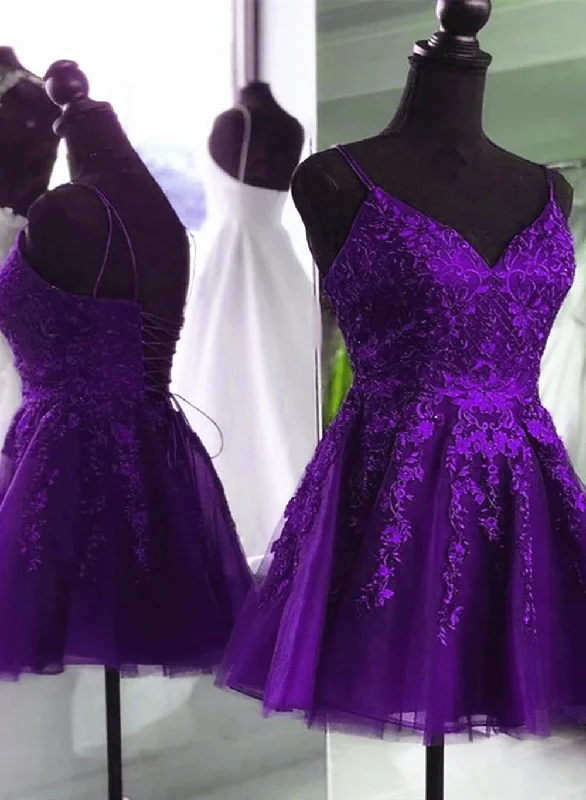 V Neck Beaded Purple Lace Prom Dress, Purple Lace Homecoming Dress Short Party Dress Tunics Distressed trendy V Neck Beaded Purple Lace Prom Dress, Purple Lace Homecoming Dress Short Party Dress Tunics Distressed trendy
