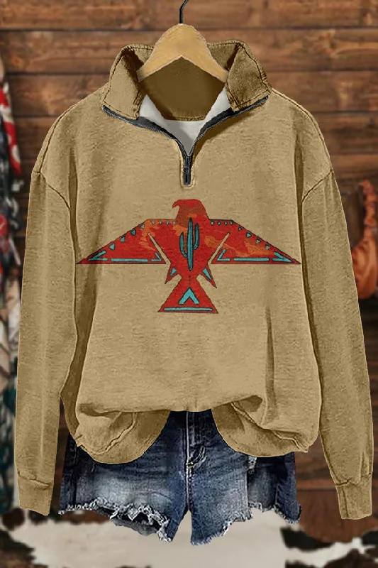 Vintage Western Ethnic Tribal Eagle Print Sweatshirt Hoodie with Lining Warm Insulated
