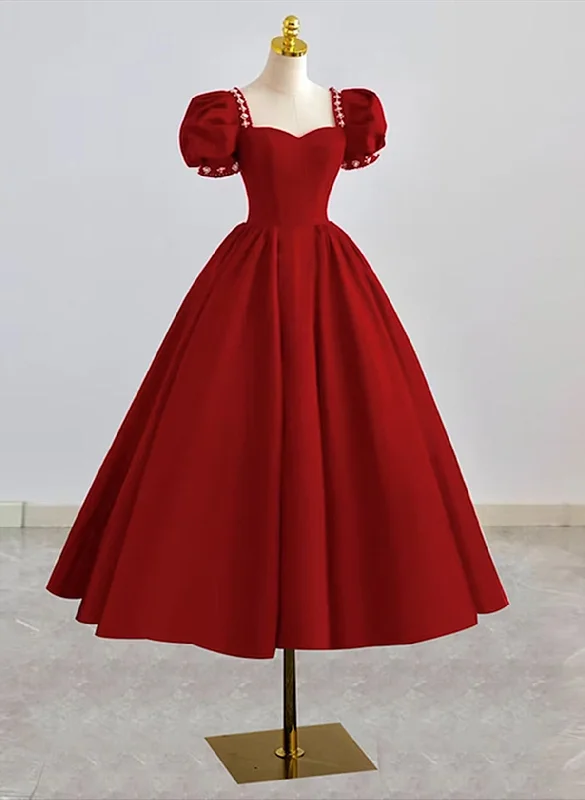 Dark Red Beaded Short Sleeves Tea Length Party Dress, Dark Red Formal Dress Prom Dress Tunics Travel practical