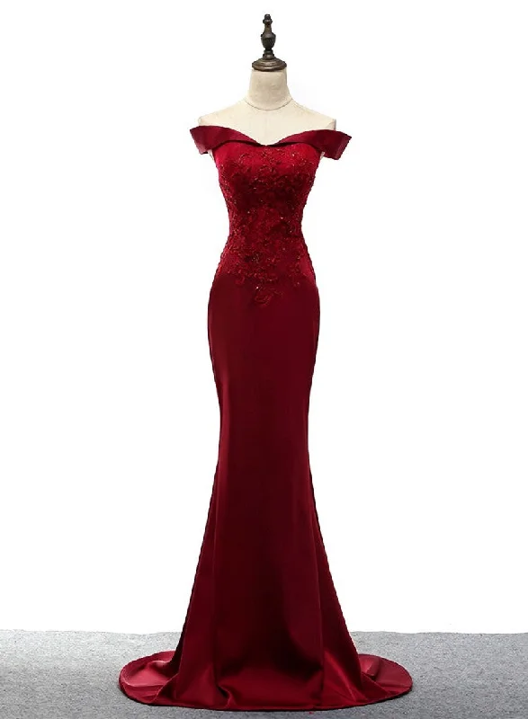 Dark Red Mermaid Satin Long Party Dress, Off Shoulder Evening Dress Tunics Favorite customer Dark Red Mermaid Satin Long Party Dress, Off Shoulder Evening Dress Tunics Favorite customer