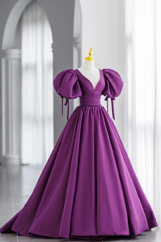 Purple V-Neck Satin Long Formal Evening Dress, A-Line Puff Sleeve Party Dress Tunics Corduroy durable