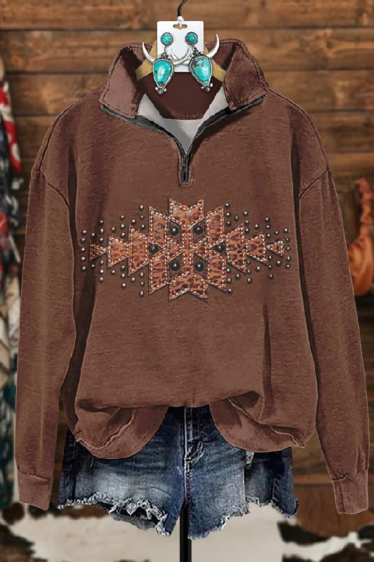 Retro Aztec Leopard Print Rivet Zipper Sweatshirt Hoodie with Mock Neck Collared Structured