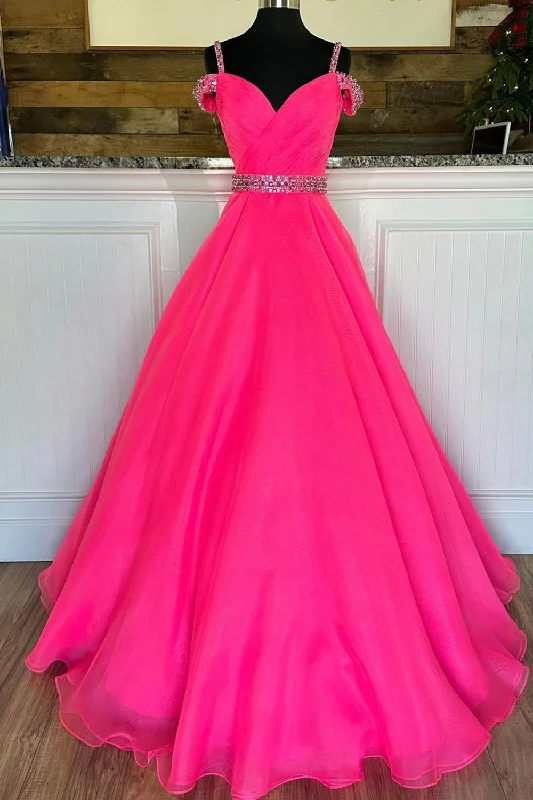 Off Shoulder Tulle Beaded Long Formal Dress, Hot Pink Evening Party Dress Tunics Mesh breathable