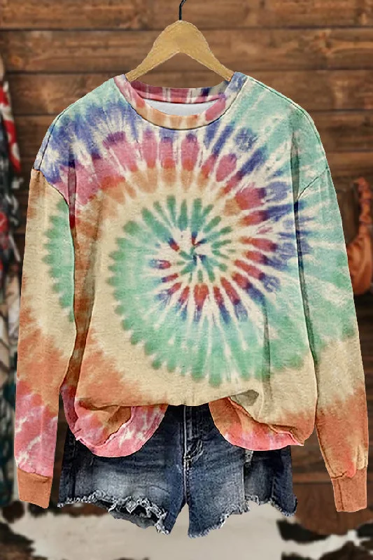 Chic Tie-Dye Print Sweatshirt Hoodie with Rhinestones Sparkly Elegant