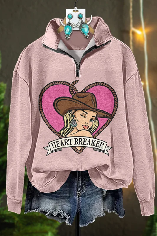 Western Valentine Heart Breaker Zipper Sweatshirt Hoodie with Hem Contrast Bold Stylish