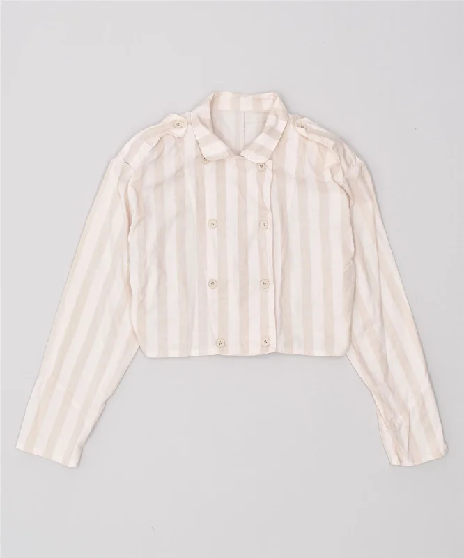 VINTAGE Womens Crop Double Breasted Blazer Jacket UK 14 Medium Beige A-Line Jacket Boat Neck Shawl Collar