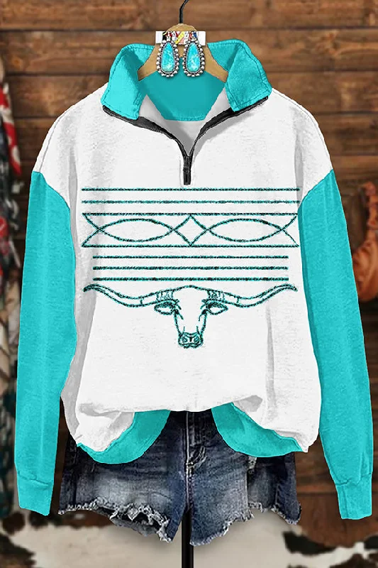 Vintage Western Boots Stitched Bull Head Print Zipper Sweatshirt Hoodie with Hem Contrast Bold Stylish