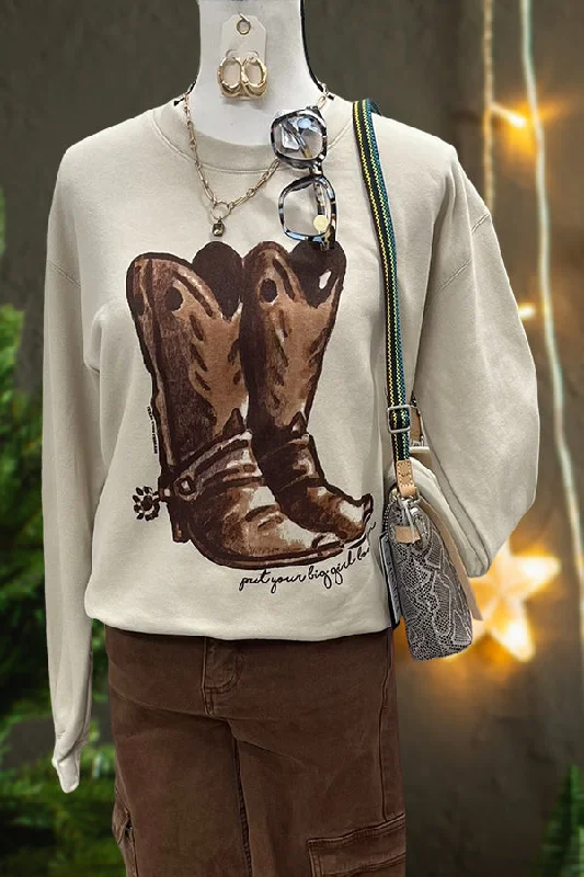 Retro Western Boot Print Sweatshirt Hoodie with Frayed Bohemian Relaxed