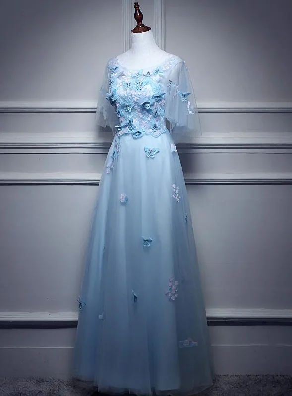 Light Blue Flowers Long Party Dress, A-line Tulle Party Dress Evening Dress Tunics Hiking breathable Light Blue Flowers Long Party Dress, A-line Tulle Party Dress Evening Dress Tunics Hiking breathable