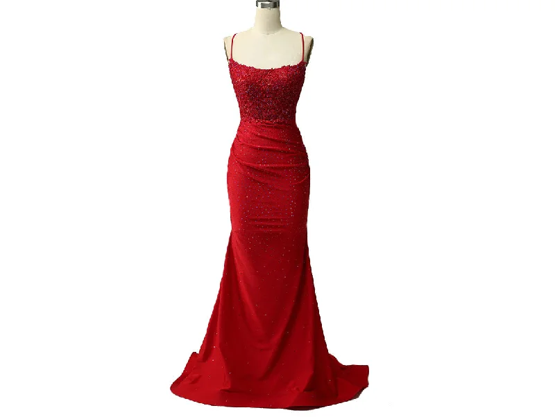Long Red Ruched Mermaid Prom Dresses Open Back P646 Tunics stripes playful