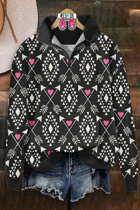 Retro Western Aztec Arrow Print Zip-Up Sweatshirt Hoodie with Raglan Sleeves Sporty Comfortable