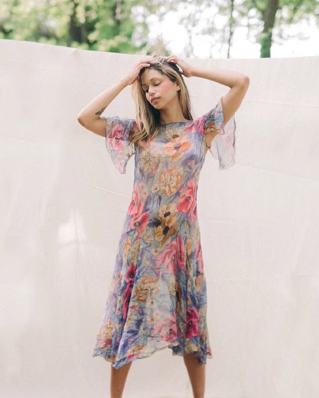 1930s silk chiffon fluttery drop waist floral print dress Casual Short Summer