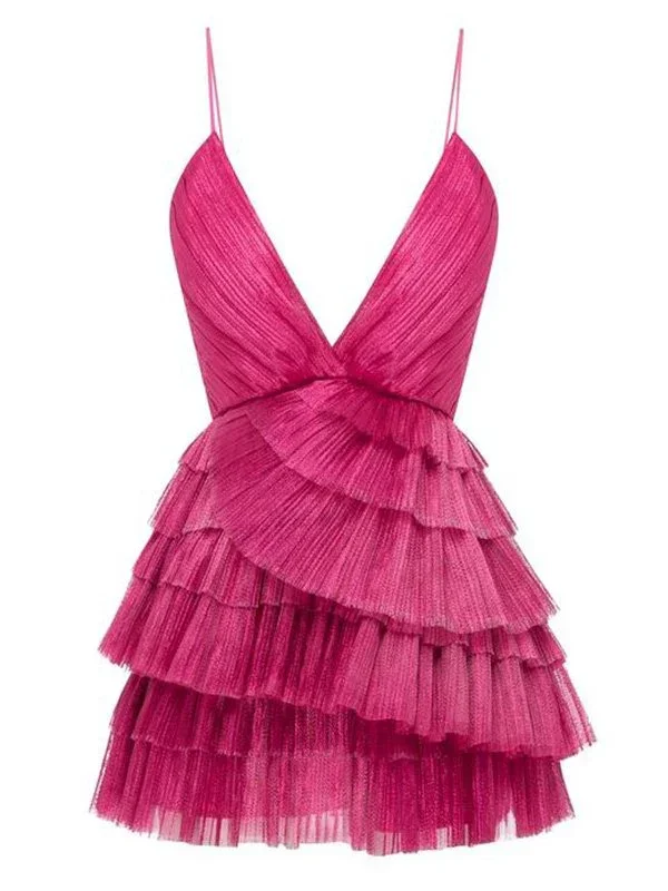 Fuchsia Straps V Neck Layers Short Party Dress Homecoming Dress, DP2900 Tunics Party sparkling Fuchsia Straps V Neck Layers Short Party Dress Homecoming Dress, DP2900 Tunics Party sparkling