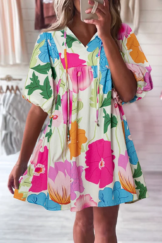 Blue Zone Planet |  Rose Floral Print Split Neck Babydoll Dress Tunics Denim casual