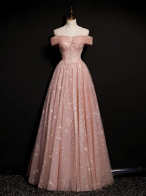 Off Shoulder Pink Tulle Long A-line Prom Dress with Beadings, Pink Long Party Dress Evening Dress Tunics Trousers formal Off Shoulder Pink Tulle Long A-line Prom Dress with Beadings, Pink Long Party Dress Evening Dress Tunics Trousers formal