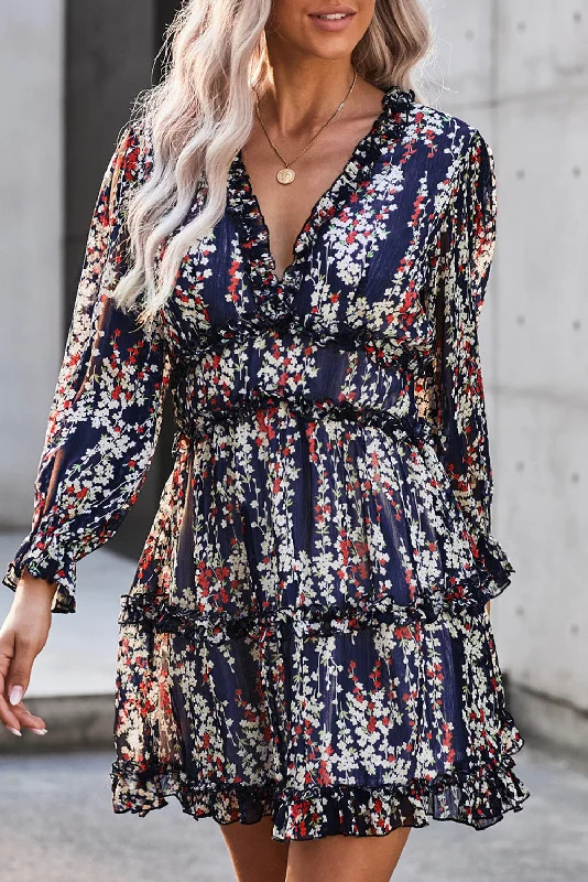 Blue Zone Planet |  Blue Ruffle Detailing Open Back Floral Dress Tunics Summer linen