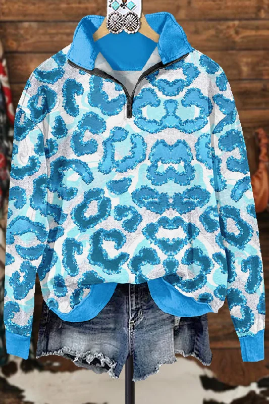 Classic Contrast Leopard Print Sweatshirt Hoodie with High Neck Warm Protective
