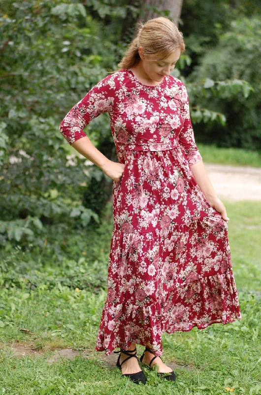 Size XL Burgundy Blooms Tiered Dress Tunics Hiking breathable