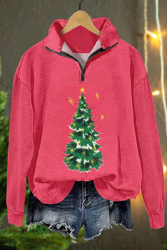 Sweet Christmas Tree Print Sweatshirt Hoodie with Metallic Shiny Futuristic