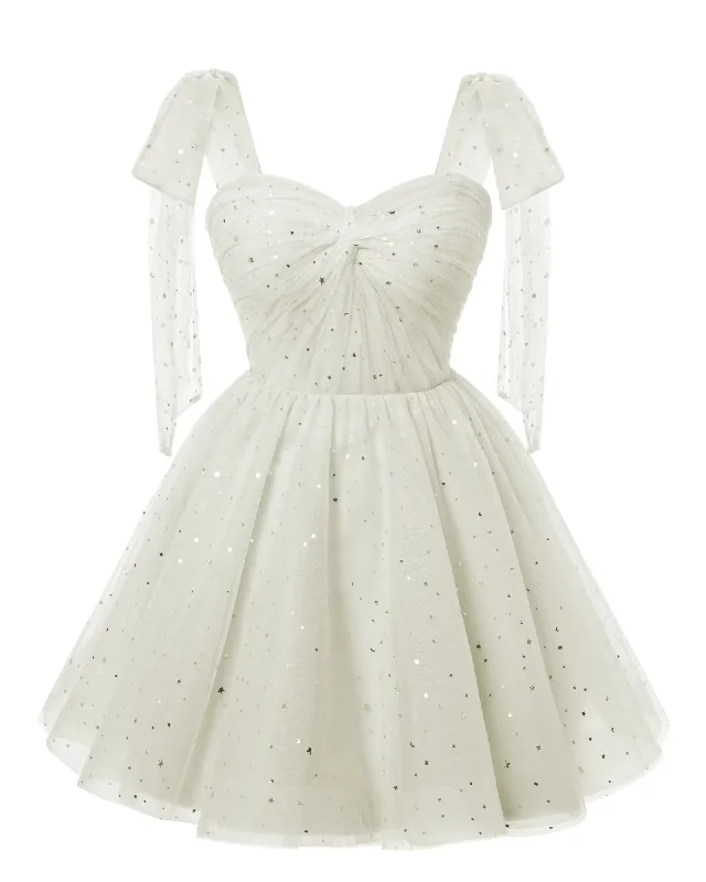 Sparkly Starry White Tulle Short Homecoming Dresses Spaghetti Bow Straps Prom Dress Sequin Cocktail Party Dress for Teens Tunics Seasonal trendy Sparkly Starry White Tulle Short Homecoming Dresses Spaghetti Bow Straps Prom Dress Sequin Cocktail Party Dress for Teens Tunics Seasonal trendy