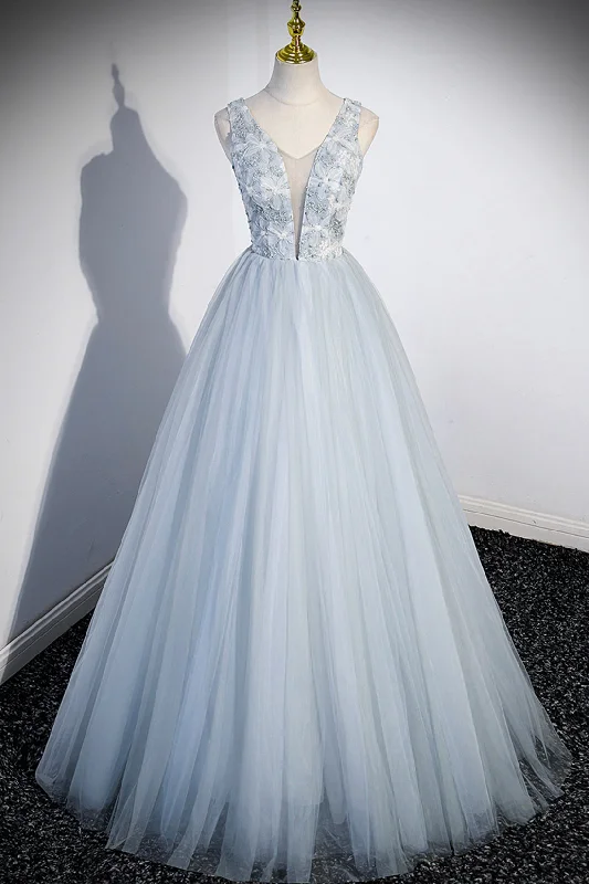 Cute V-Neck Tulle Long Prom Dress, Gray Evening Dress Party Dress Bodycon Fitted Nightout Cute V-Neck Tulle Long Prom Dress, Gray Evening Dress Party Dress Bodycon Fitted Nightout