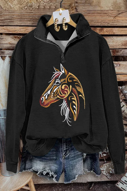 Classic Horse Print Zip-Up Sweatshirt Hoodie with Hem Contrast Bold Stylish