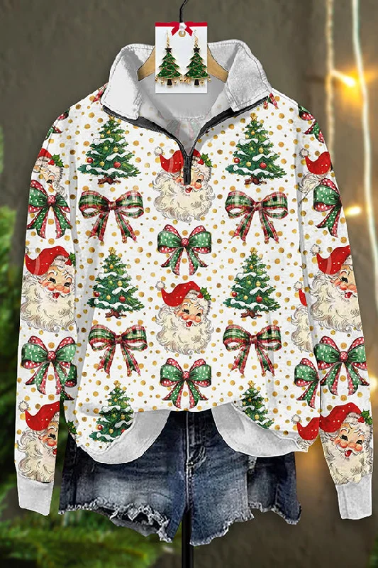 Vintage Santa Print Zip-Up Sweatshirt Hoodie with Slit Hem Functional Movement