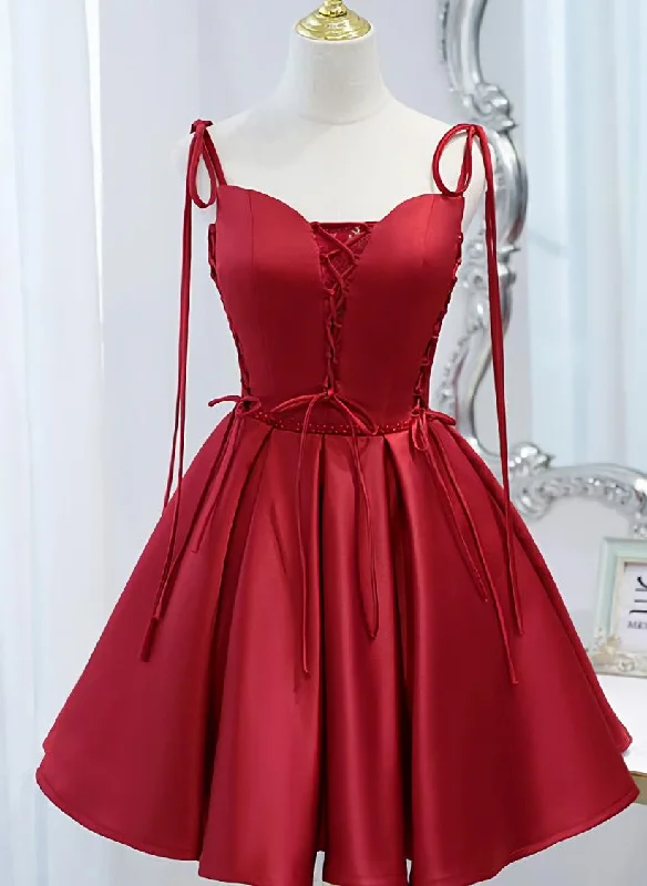 Wine Red Satin V-neckline Straps Beaded Short Prom Dress, Wine Red Party Dresses Cowl Neckline Elegant Wine Red Satin V-neckline Straps Beaded Short Prom Dress, Wine Red Party Dresses Cowl Neckline Elegant