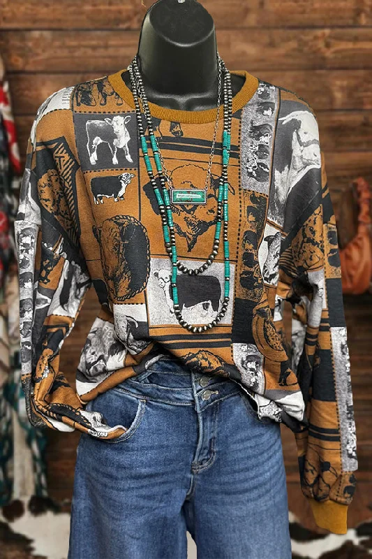 Western Ranch Cow Print Sweatshirt Hoodie with Exposed Zipper Edgy Industrial