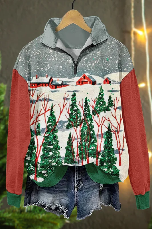 Retro Christmas Print Sweatshirt Hoodie with Cropped Fit Short Trendy