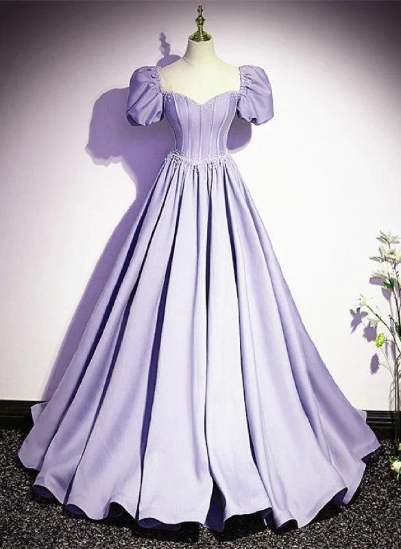 Light Purple Satin Short Sleeves Beaded Party Dress, A-line Long Prom Dress Tunics Mesh breathable Light Purple Satin Short Sleeves Beaded Party Dress, A-line Long Prom Dress Tunics Mesh breathable