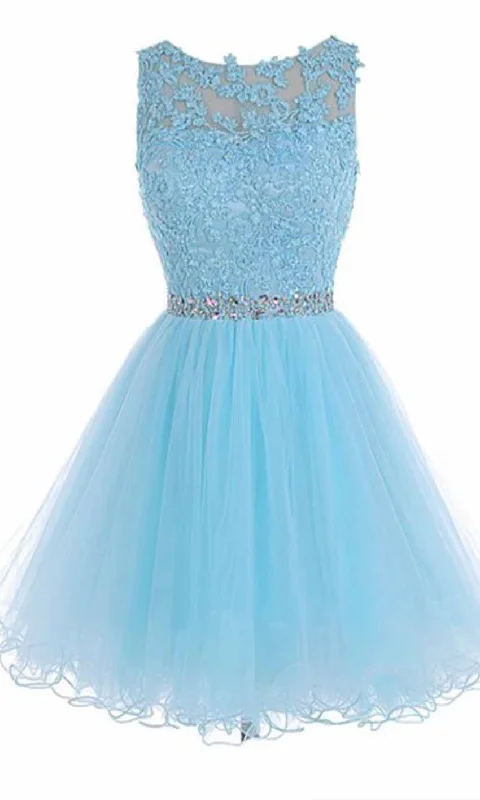 High Illusion Short Blue Embroidery Lace Prom Dresses Tunic Top Casual