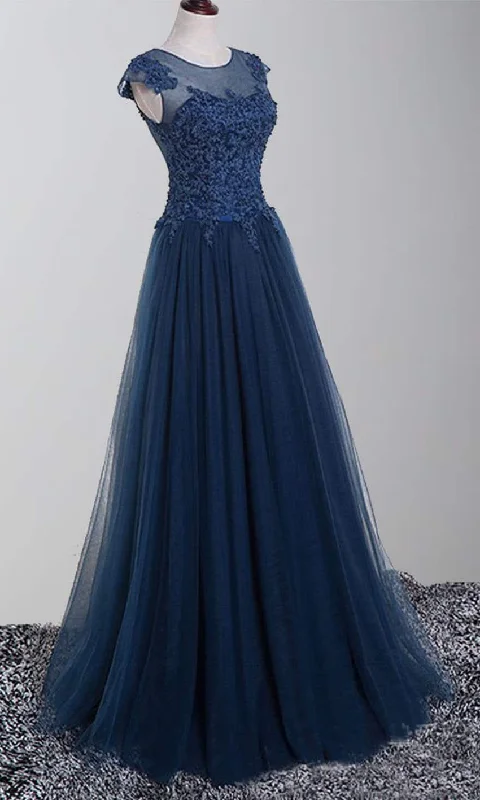 Blue Applique Lace Long Formal Prom Dresses with Cap Sleeves P486 Crew Neckline Casual Blue Applique Lace Long Formal Prom Dresses with Cap Sleeves P486 Crew Neckline Casual