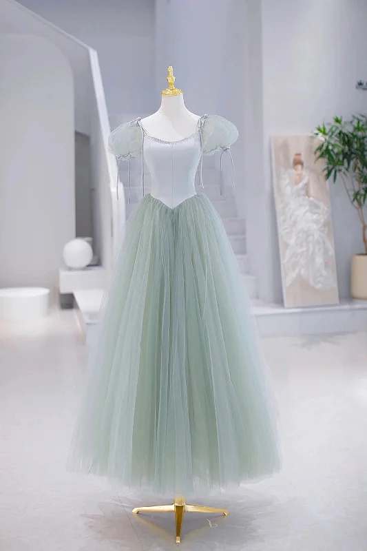 Lovely Tulle Floor Length Prom Dress, A-Line Short Sleeve Evening Party Dress Tunics stripes playful