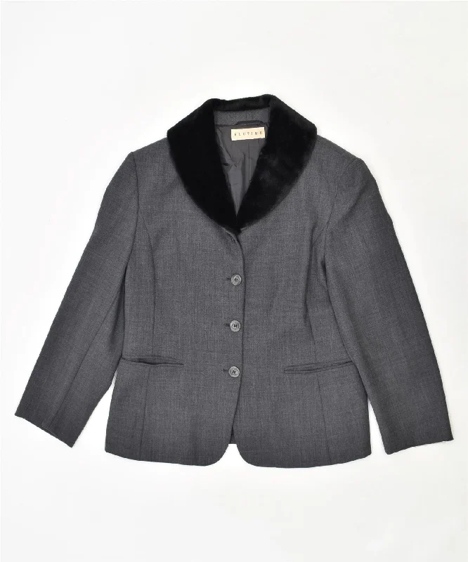 BLUTIME Womens 4 Button Blazer Jacket UK 14 Medium Grey Polyester Vintage Herringbone Jacket Checkered Jacket Solid Jacket