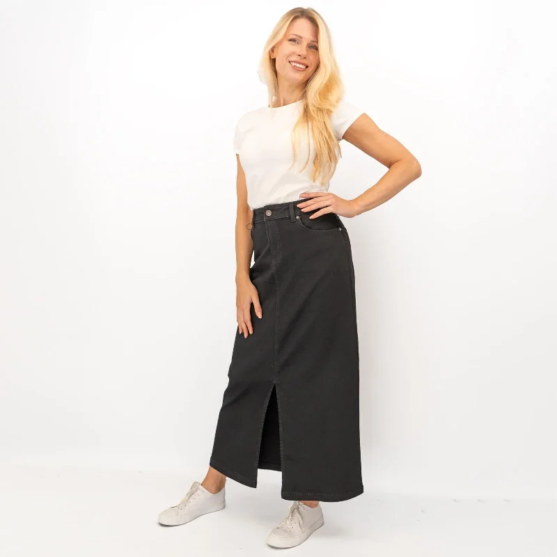 M&S Black Denim Maxi Skirt Front Split leather skirt sleek