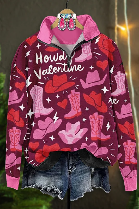 Retro Western Valentine's Day Print Zip-Up Sweatshirt Hoodie with Hem Lace Feminine Delicate