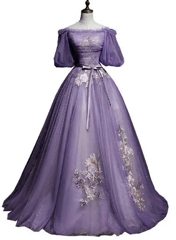 Charming Purple Short Sleeves Tulle Puffy Long Formal Dress, Lovely Evening Dress Party Dress Tunics Prom sequined Charming Purple Short Sleeves Tulle Puffy Long Formal Dress, Lovely Evening Dress Party Dress Tunics Prom sequined