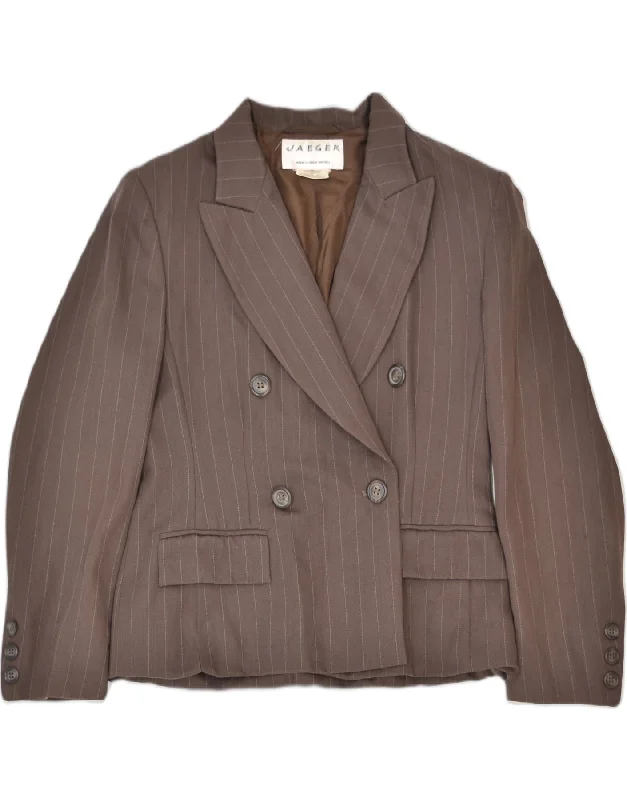 JAEGER Womens Double Breasted Blazer Jacket UK 10 Small Brown Striped Zip Front Button Front Snap Front