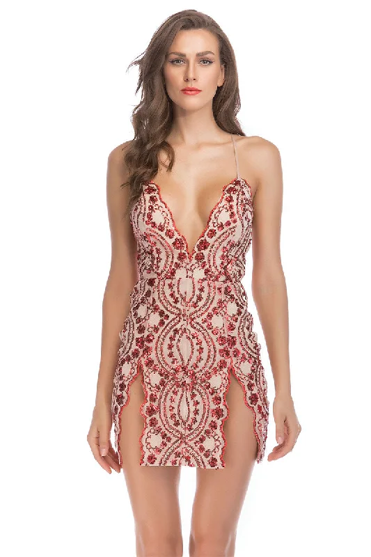 Sexy Red V-neck Spaghetti Straps Party Dress With Sequins Tunics Versatile stylish