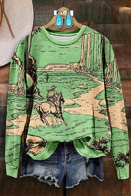 Retro Western Cowboy Print Sweatshirt Hoodie with Ribbed Hem Stretchable Secure