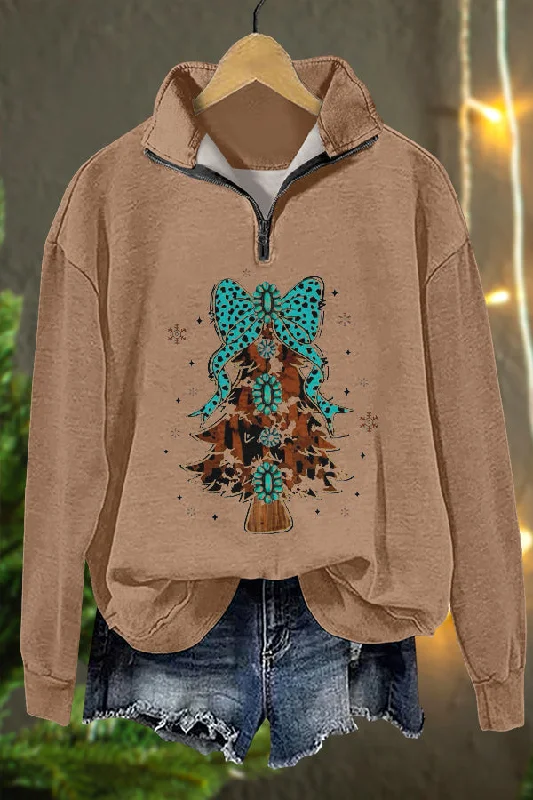 Western Ethnic Christmas Tree Print Sweatshirt Hoodie with Sequins Glamorous Eye-catching