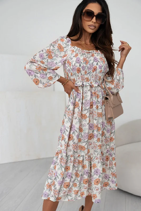 Blue Zone Planet | Multicolor Floral Smocked Long Sleeve Pocketed Dress Tunics Running lightweight Blue Zone Planet | Multicolor Floral Smocked Long Sleeve Pocketed Dress Tunics Running lightweight