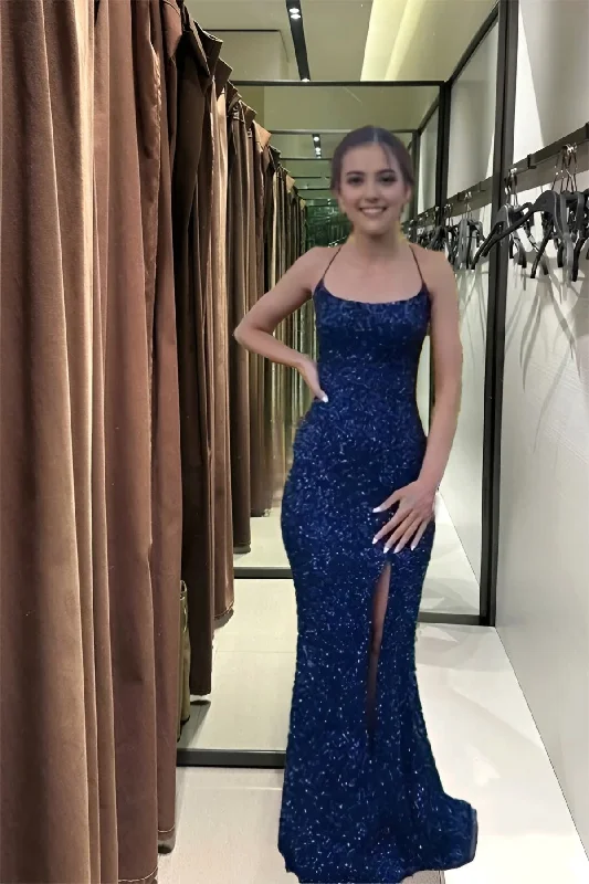 Navy Blue Sequin Long Prom Dresses Mermaid Cross Back Evening Party Dresses Tunics Stylish modern Navy Blue Sequin Long Prom Dresses Mermaid Cross Back Evening Party Dresses Tunics Stylish modern