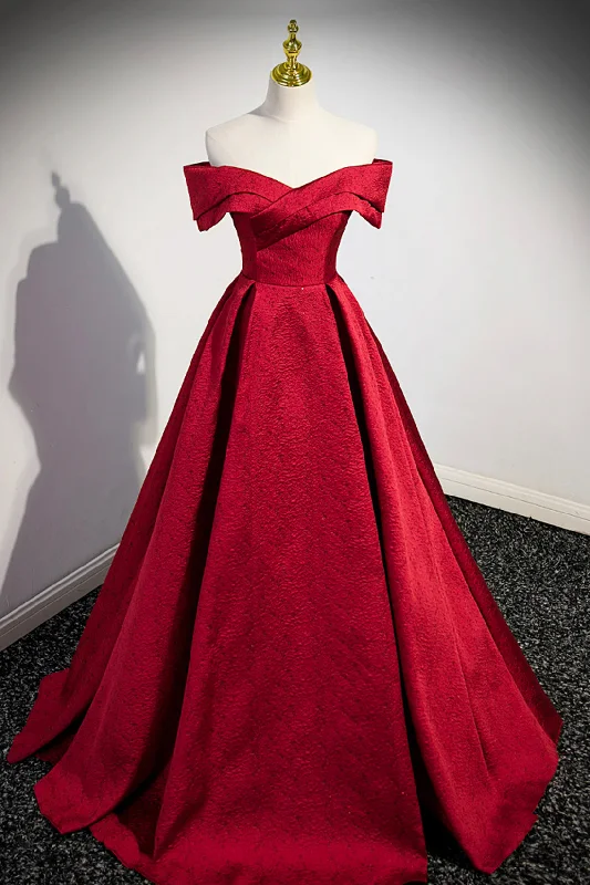 Burgundy Satin Long Prom Dress, Off Shoulder Evening Party Dress Square Neckline Feminine
