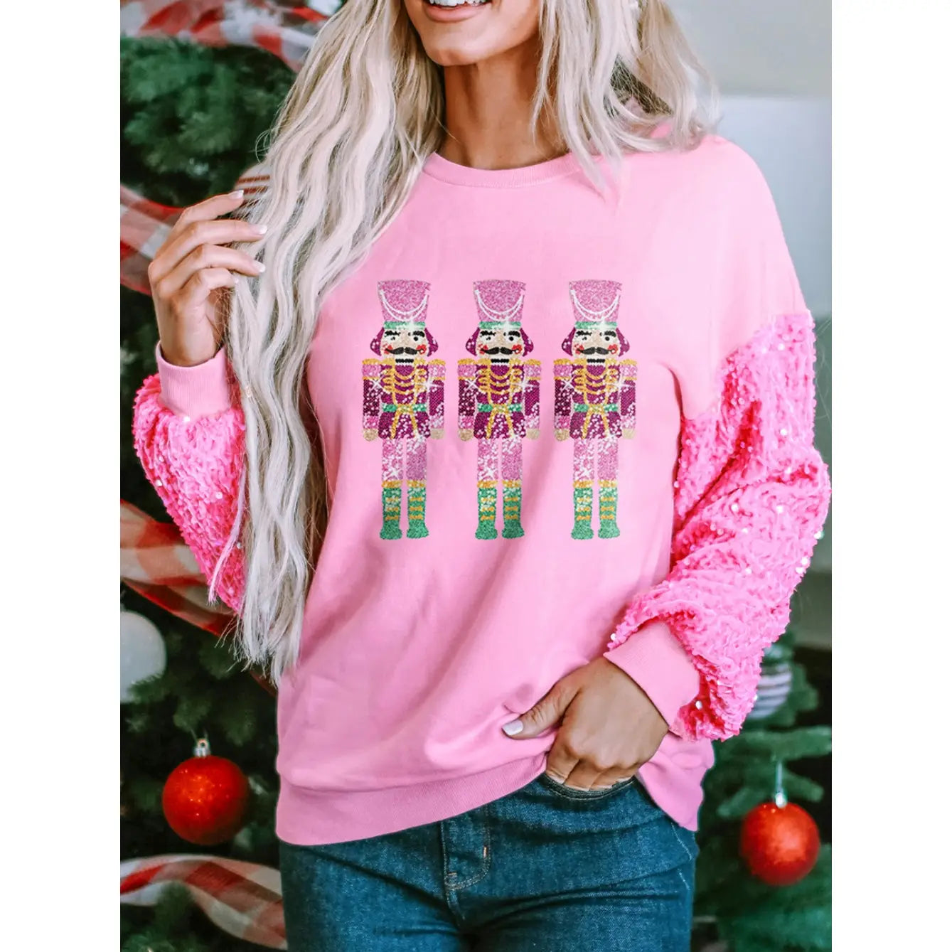 Women's Christmas Nutcracker Graphic Sequin Sleeve Sweatshirt Hoodie with Bell Sleeves Flared Feminine