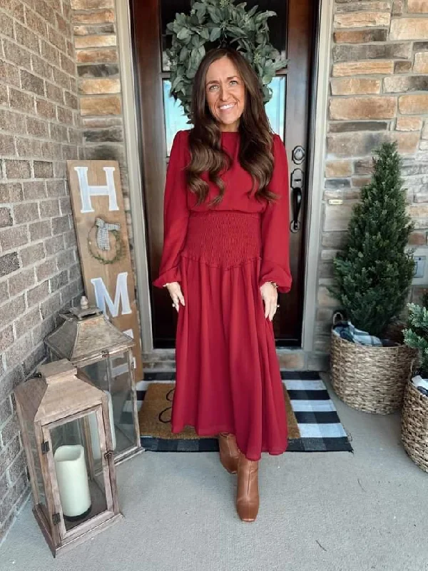 Dark Red Ruffle Neck Dress Off-the-shoulder Chic Trendy
