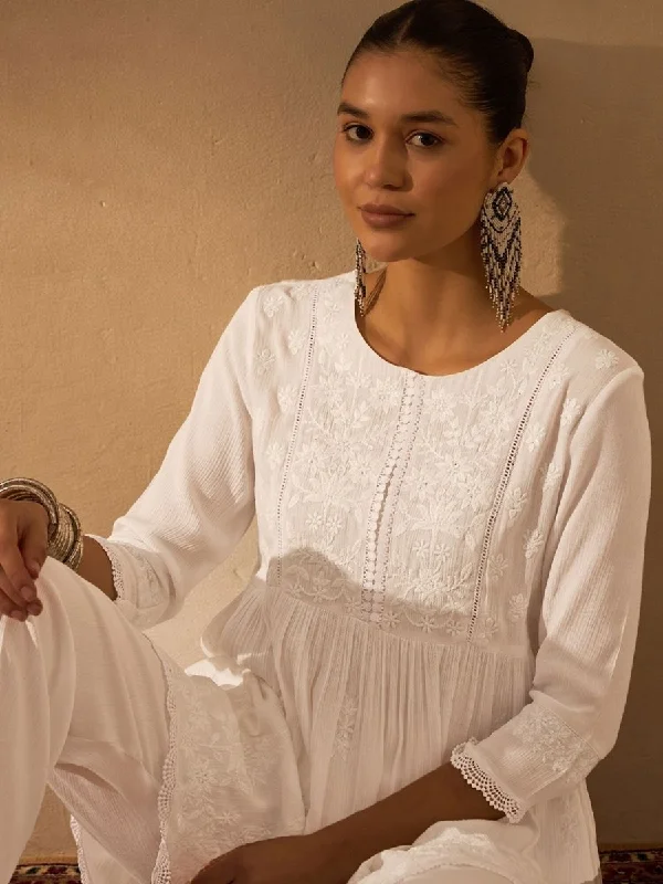 Anouk Women Embroidered Empire Chikankari Kurti with Pants Relaxed Linen Pants