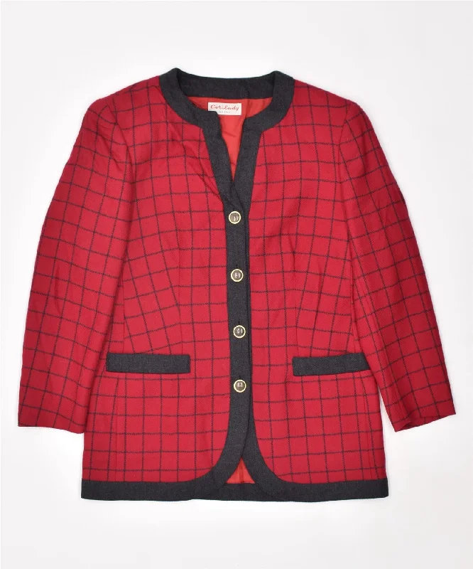 CORI LADY Womens 4 Button Blazer Jacket EU 44 Large Red Check Vintage Embroidered Jacket Appliqued Jacket Beaded Jacket