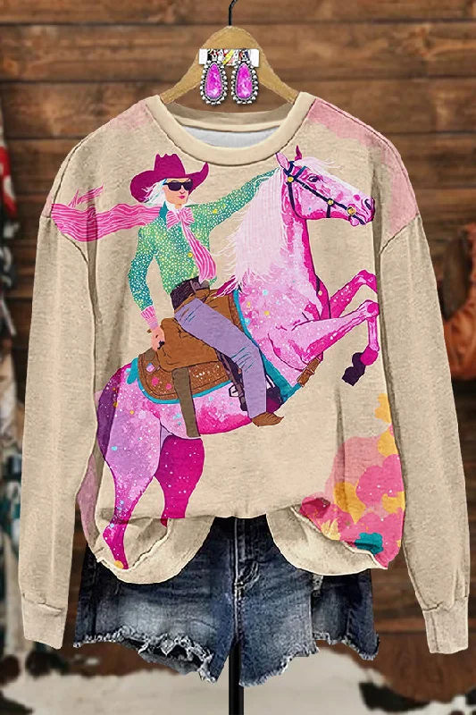 Pink Cowgirl Printed Sweatshirt Hoodie with Color Block Contrast Stylish